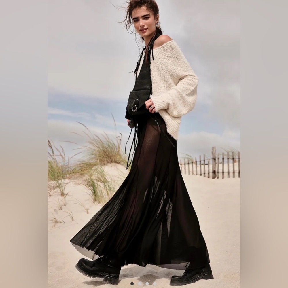 Free People Godet Girl Mesh Slip Maxi Flare Hem Skirt Black